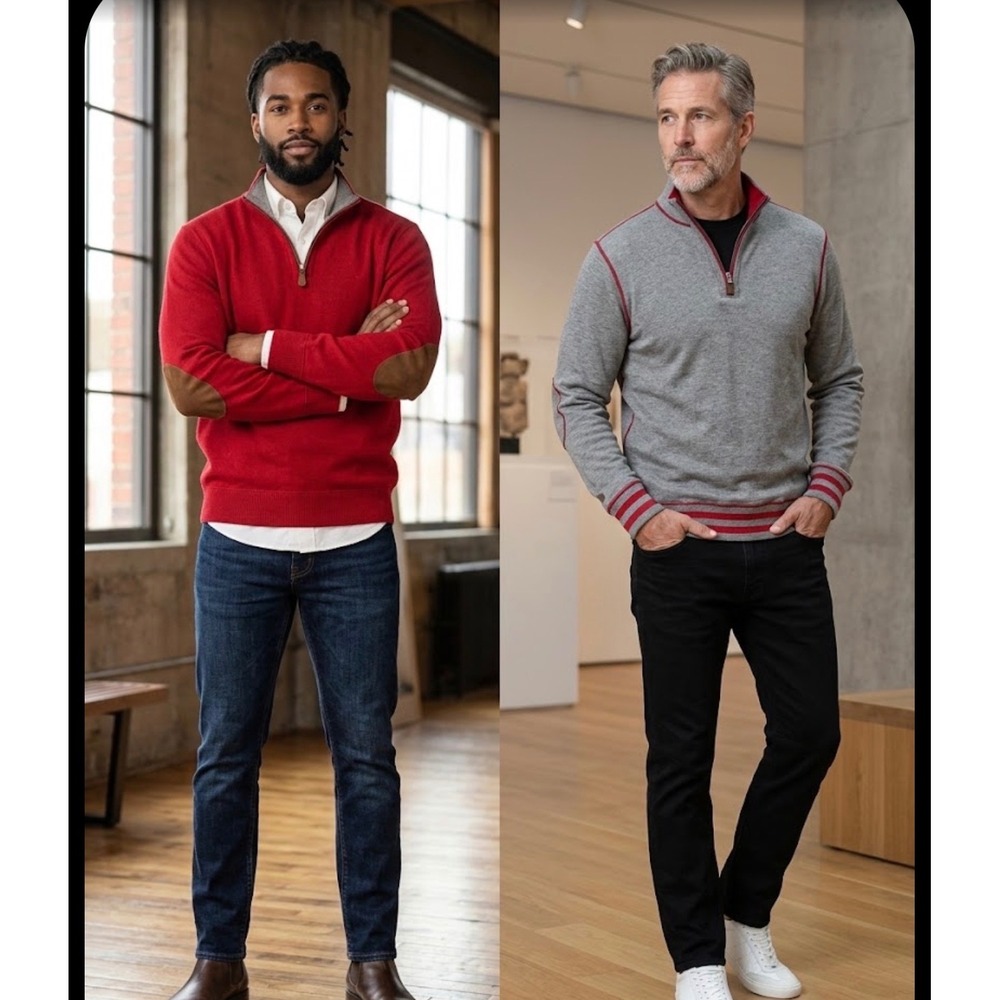 Cremieux Mens Reversible Quarter Zip Pullover Red Grey Elbow Patches Medium NEW